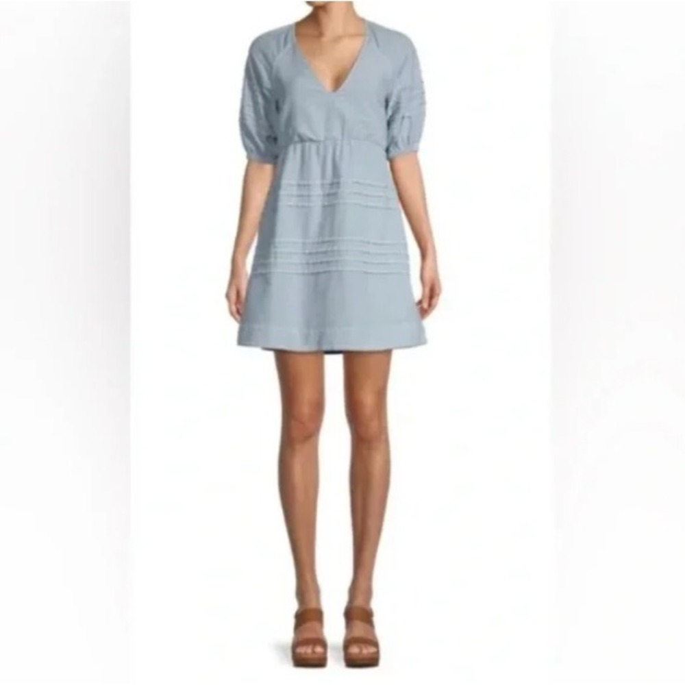7 For All Mankind Chambray Puff Sleeve Babydoll Sundress Milkmaid Cottagecore L - Picture 2 of 10